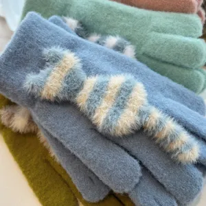 Cute striped cat winter warm gloves thick plush touch screen women fashion knit mittens
