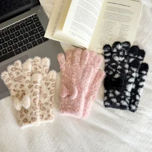 Women fluffy leopard print touchscreen gloves winter warm cute bow plush gloves detail