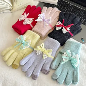 Women winter touch screen knit gloves with cute lace bows, warm thick thermal full finger mittens.