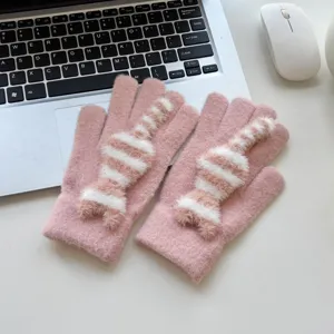 Cute pink striped cat tail knit gloves detail, warm winter touch screen student gloves.