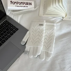 Women winter warm white knitted touchscreen gloves with hollow pattern fashion new style