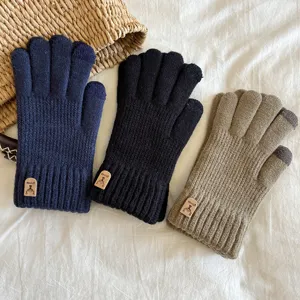 Men's knitted touch screen warm gloves autumn winter solid color outdoor cycling full finger