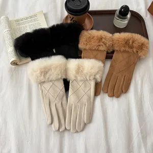 Women winter warm suede gloves with plush faux fur cuff and touch screen design details.