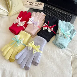 Women Winter Touch Screen Gloves Woolen Fabric Cute Bow Lace Warm Full Finger Gloves Casual Daily Driving Gloves