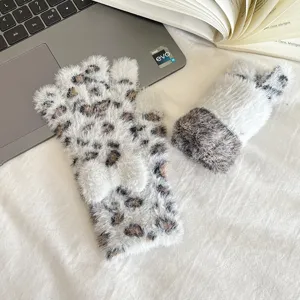 Winter cozy faux mink plush leopard print half finger gloves with cute bow detail.