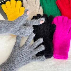 Women winter plush knit gloves touchscreen rabbit hair thick warm solid color casual mitts