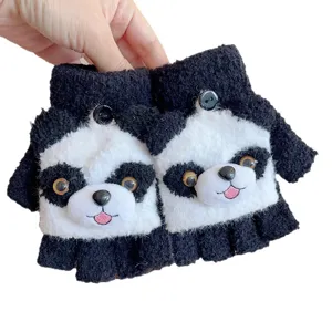 Winter warm plush half-finger gloves for kids, cute animal design, thick and cozy for students.