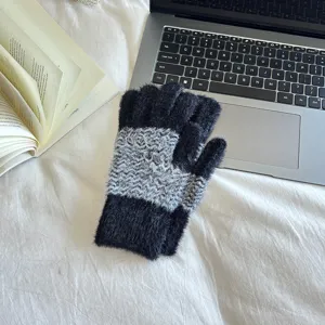 Damen flauschige Strickhandschuhe Winter warm weich halber Finger stylisch Wellenmuster dick