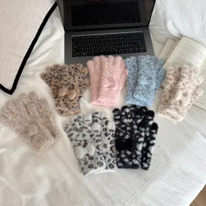 Women winter fuzzy leopard print half-finger touchscreen gloves cozy warm knit mittens