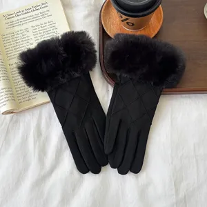 Women winter warm black gloves suede diamond quilted faux fur cuff touch screen cold weather