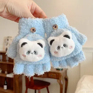 Guantes cálidos de felpa con diseño de panda medio dedo para niños otoño e invierno.