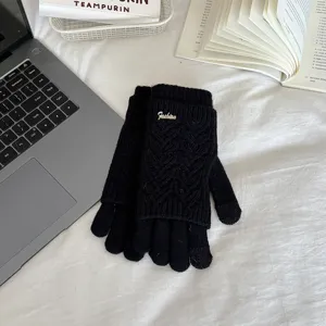 Winter women's knitted layered touch screen gloves black thick warm gloves for cold weather