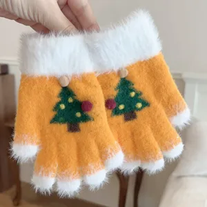 Christmas tree knit gloves with plush furry cuffs, cozy warm winter thermal thick gloves.