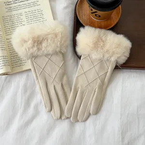 Women fleece lined suede winter gloves with faux fur cuff and classic quilted design warm