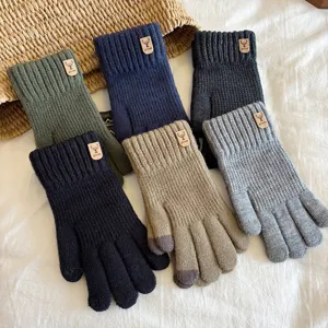Men's winter knitted warm touch screen gloves solid color outdoor cycling full finger