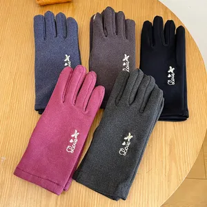 Women's thermal velvet winter gloves solid color touch screen windproof warm full finger gloves