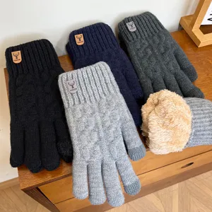 Men's winter knitted warm gloves plush thickened touch screen five-finger thermal gloves
