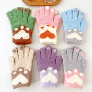 Kids Winter Warm Knitted Gloves Cute Cat Paw Jacquard Thickened Five Finger Thermal Gloves For Children Boys And Girls