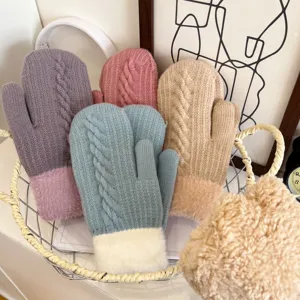 Winter warm thick knitted mittens for women, cute cable knit plush lined windproof gloves.
