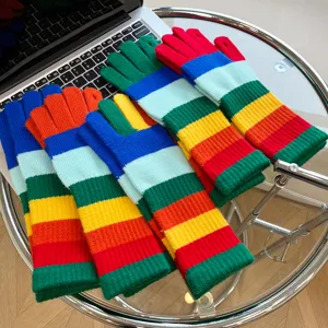 Colorful rainbow striped knitted gloves for women winter warm touchscreen gloves.