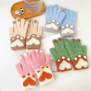 Kids cute cat paw knit gloves winter warm wool thick five-finger gloves detail display