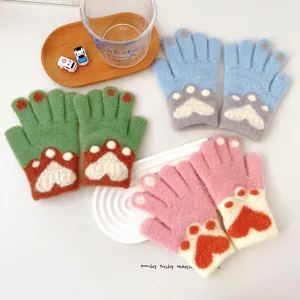Cute Kids Knit Gloves Cute Cat Paw Touch Screen Winter Warm Thermal Mittens Set For Kids