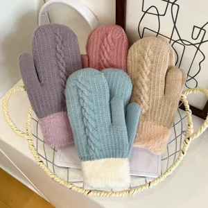 Cozy winter knit mittens detail, thick plush cuffs, warm fleece thermal gloves in multi colors.