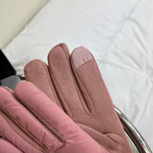 Primo piano di guanti invernali da donna touch screen con morbido pile e dettagli rosa.