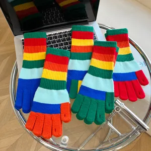 Women Winter Warm Rainbow Striped Knit Gloves Acrylic Touch Screen Fingerless Gloves Fashion Daily Accessories