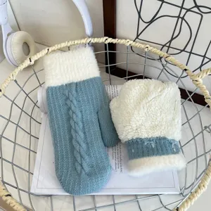 Winter warm thick knit mittens for women, double layer fleece lined cozy windproof gloves.