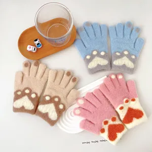 Kids winter warm knitted gloves with cute cat paw design, thick cozy five-finger thermal gloves.