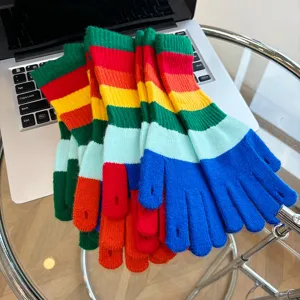 Rainbow striped knit gloves for women, winter warm touch screen fingerless gloves, stylish.