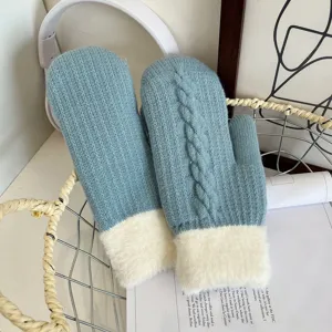 Blue knit winter mittens with plush cuffs, thick warm fleece lined product detail view