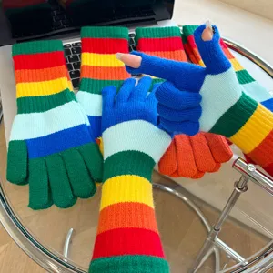 Women winter warm knit gloves colorful rainbow striped fingerless touchscreen gloves 1pair