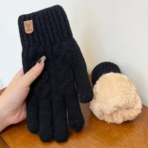 Winter warm knitted fleece gloves detail, black touch screen five-finger winter thermal gear.