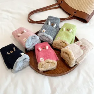 Winter plush knitted convertible half finger gloves for women, cute rabbit design, thick warm.