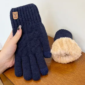 Men's thick fleece-lined knit winter gloves, touch screen outdoor cycling warm gloves.