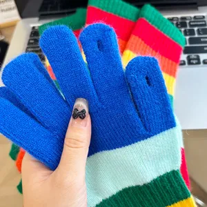 Knitted touchscreen gloves detail, colorful rainbow striped winter warm gloves for women.