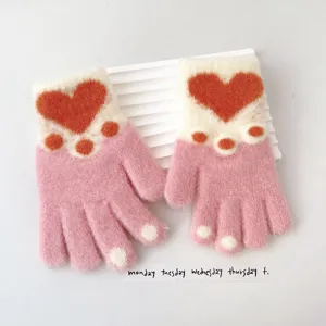Kids winter warm knit gloves cute heart paw print thick cozy children thermal mittens