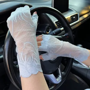 Donne estate seta ghiaccio pizzo guanti senza dita protezione solare grigio chiaro