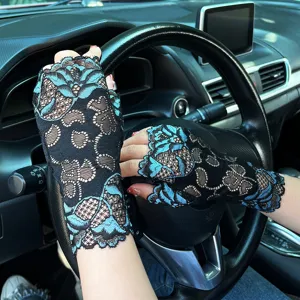 Women black blue lace fingerless gloves chic driving mesh half finger gloves new