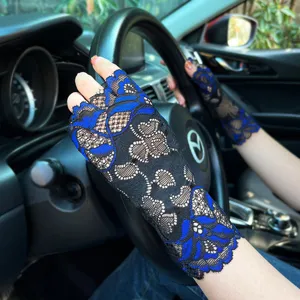Women summer lace half finger gloves black blue colorblock driving gloves UV protection chic bridal