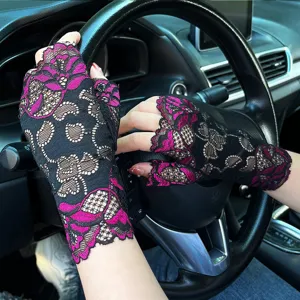 Women summer thin half finger lace gloves black pink driving gloves elegant stylish