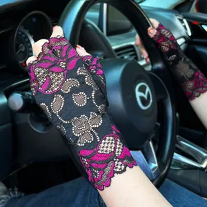 Women's summer black pink lace fingerless gloves driving wear delicate floral mesh style detail