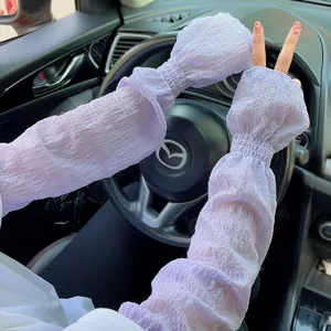 Detail view of lavender sun protection sleeves with shirred bubble design for outdoor driving.