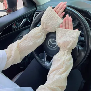 Detailed view of the pleated sun protection sleeves worn inside a car while driving.