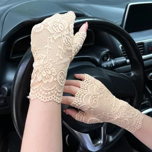 Beige floral lace fingerless gloves for women summer sun protection driving short wrist gloves