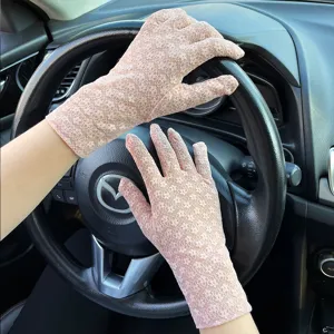 Women summer sun protection lace gloves, delicate floral driving gloves, breathable elegant wear.