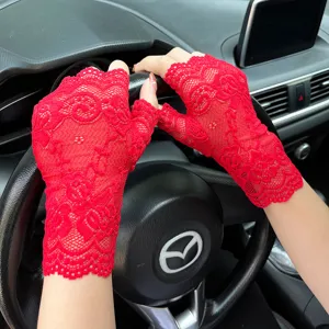 Red lace half-finger gloves for women, delicate floral pattern, breathable summer sun protection.