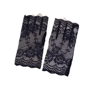 Black floral lace fingerless gloves for women, elegant summer sun protection short style.